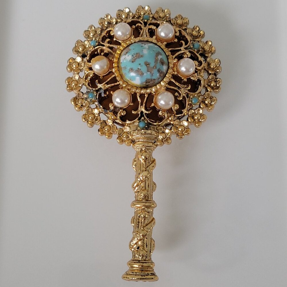Vintage 1950 Sam Fink Mid Century Filigree Gold, Pearl, Turquoise 4" Hand Mirror